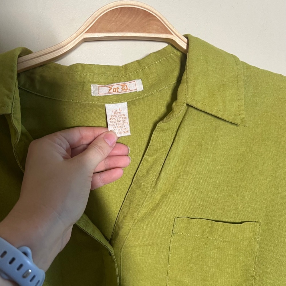 ZOE D. Women's Linen Blend Button Up M Lime Green Embroidered Crochet Resort - Picture 3 of 5